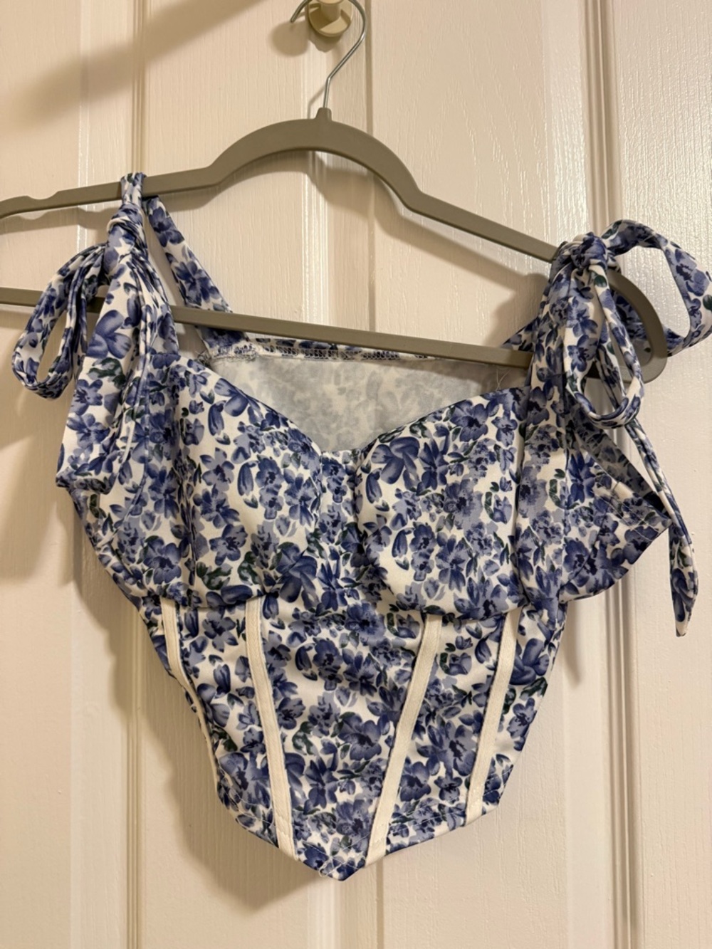 White & Blue Floral Tie-Strap Corset Bustier Top. Size 6